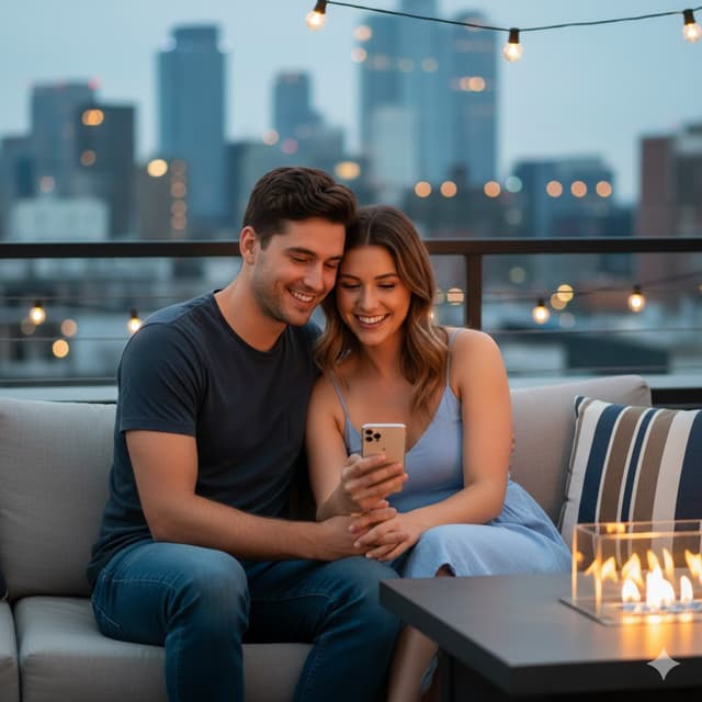 Casal feliz vendo celular